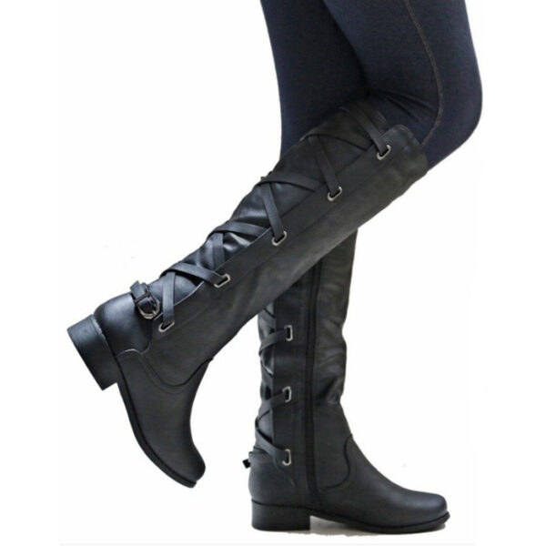 Knee high women's motorcycle boots low heel tall boots with zipper back lace-up boots - Image 5