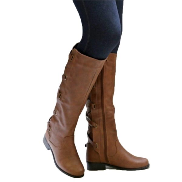 Knee high women's motorcycle boots low heel tall boots with zipper back lace-up boots - Image 2