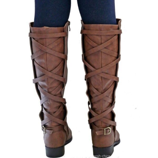 Knee high women's motorcycle boots low heel tall boots with zipper back lace-up boots - Image 4