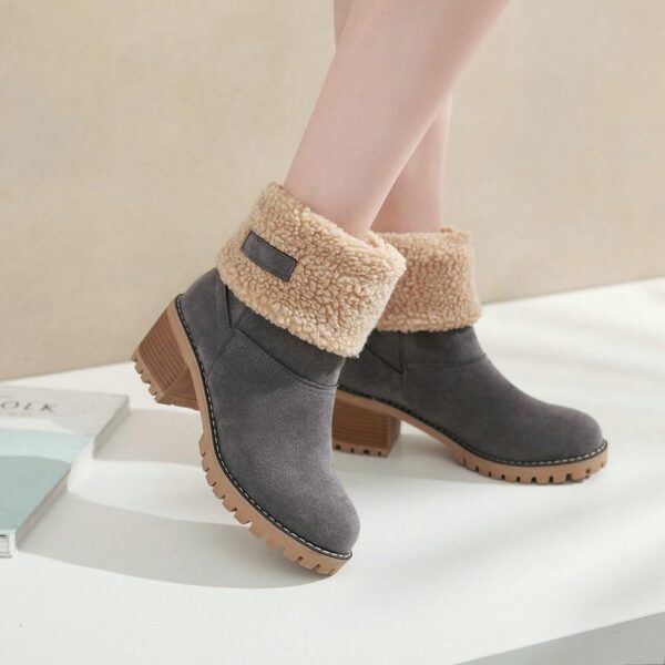 Women's fur lining snow boots block heel non-slip winter boots ankle snow boots - Image 4