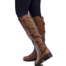 Knee high women's motorcycle boots low heel tall boots with zipper back lace-up boots